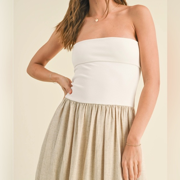 Miou Muse Linen/Ribbed Knitted Strapless Top Combo Dress - Picture 4 of 6